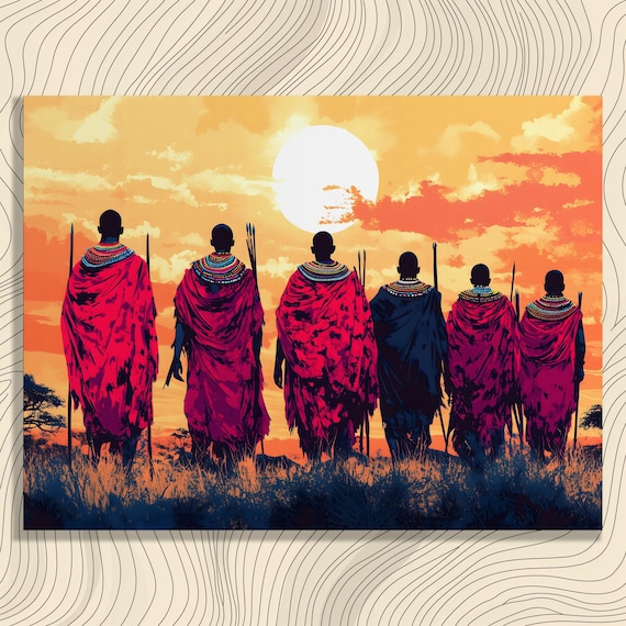 Maasai Warriors Sunset Silhouette African Savanna Pop Art Poster