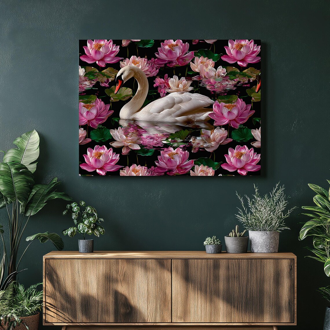 Swan Canvas Wall Art Elegant White Bird Among Pink Blossoms And Waterlily Pond On Dark Background Boho Botanical Print