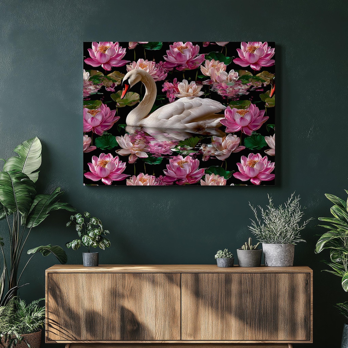 White Swan Among Pink Lotus Blossoms Dark Floral Water Poster