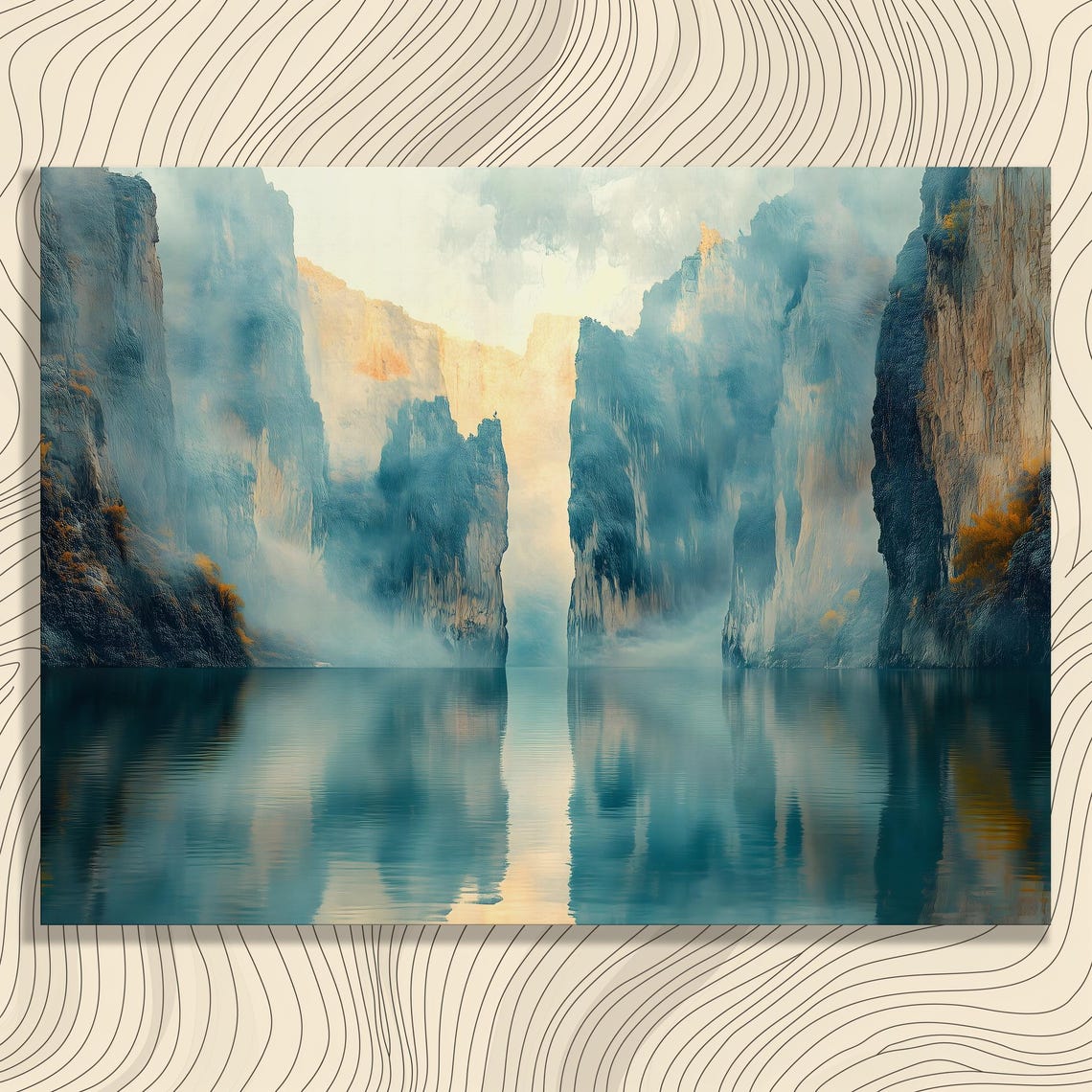 Serene Misty Canyon Cliffs Mirror Still Lake Watercolor Art Poster