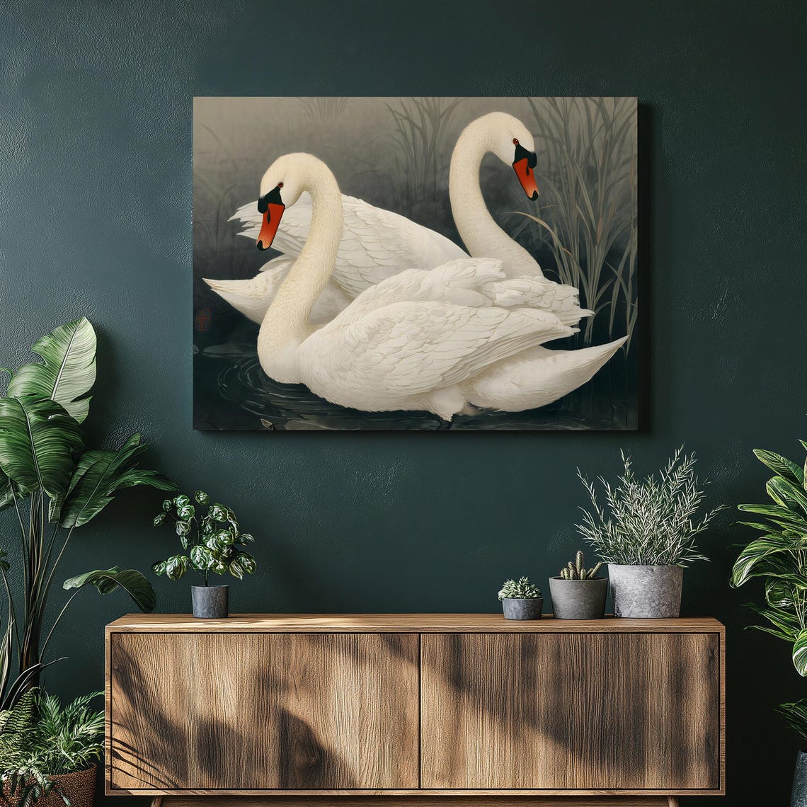 Serene Elegant White Swan Pair Gliding Through Quiet Reeds Poster