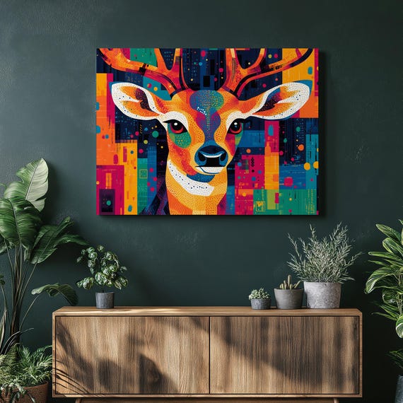 Colorful Deer Portrait Canvas Wall Art Geometric Stag With Antlers Modern Wildlife Decor Multicolor Buck Illustration For Home