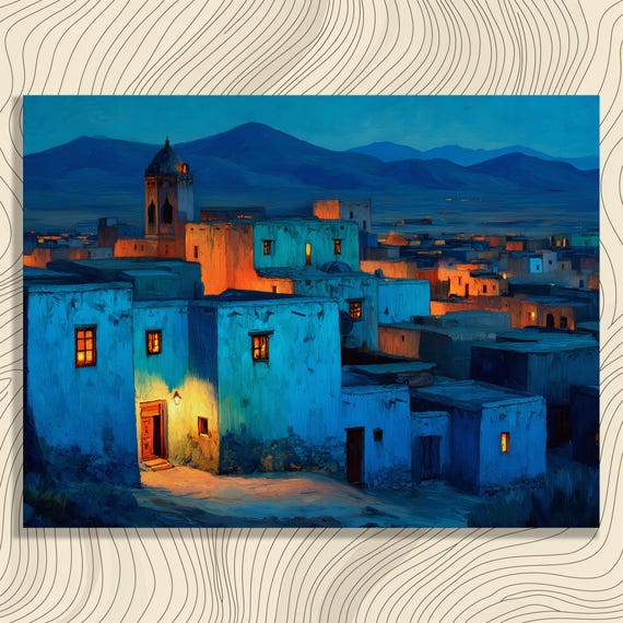 Twilight Desert Village Canvas Wall Art Rustic Adobe Blue Orange Night Sky Landscape Print Mountain Range Painting Decor Gift