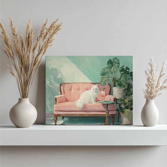 White Cat Canvas Wall Art Pastel Botanical Painting Print With Pink Sofa Monstera Plants Colorful Decor Gift Contemporary Pet Portrait