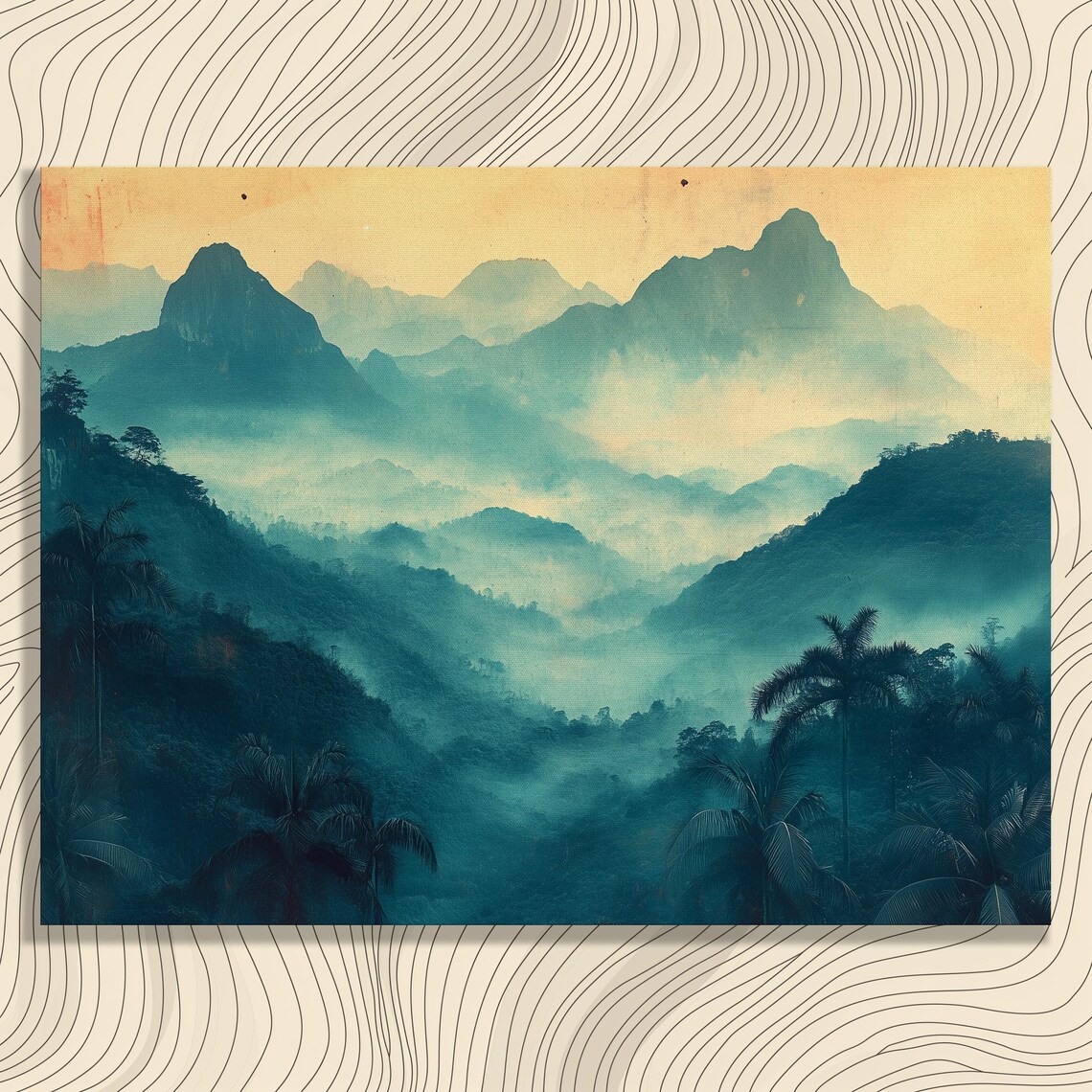 Misty Tropical Mountains Vintage Teal Palm Tree Jungle Peaks Poster
