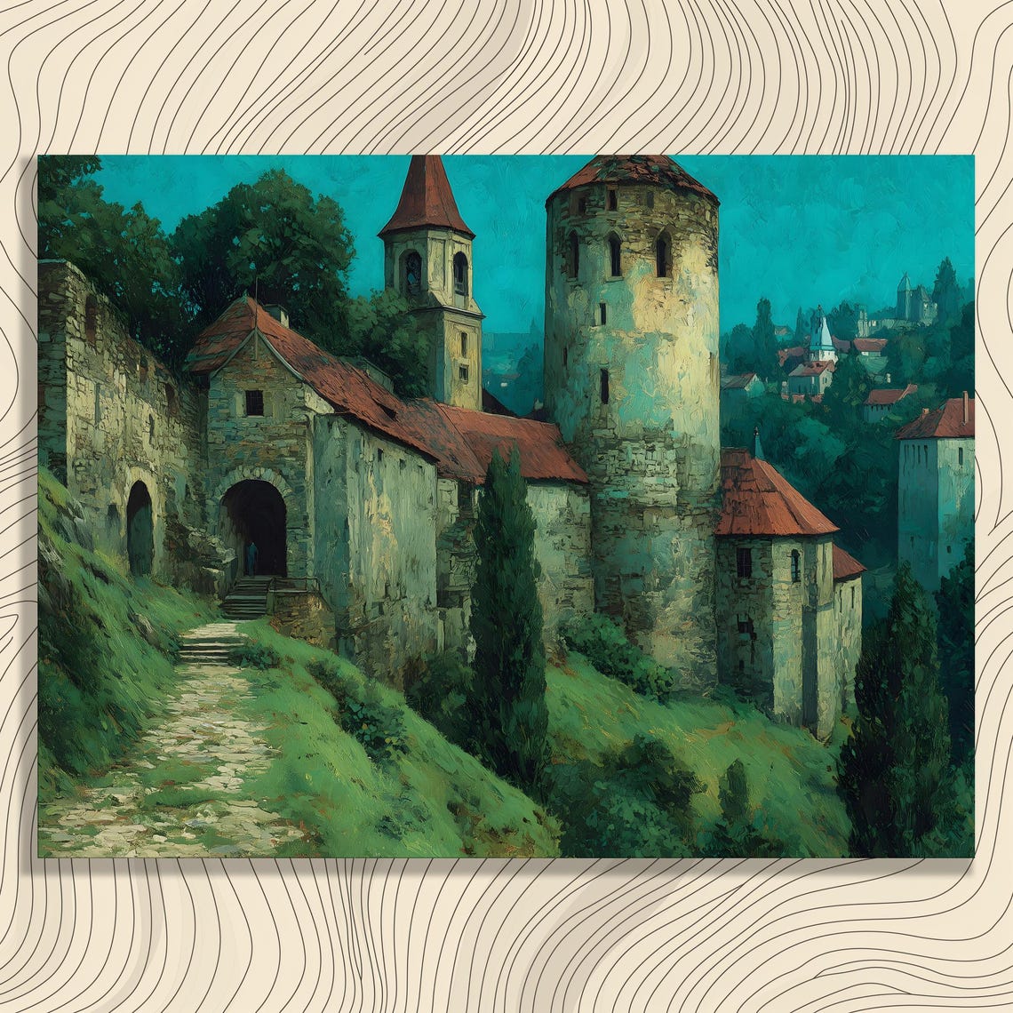 Medieval Stone Castle on a Hill with Round Tower Landscape Poster