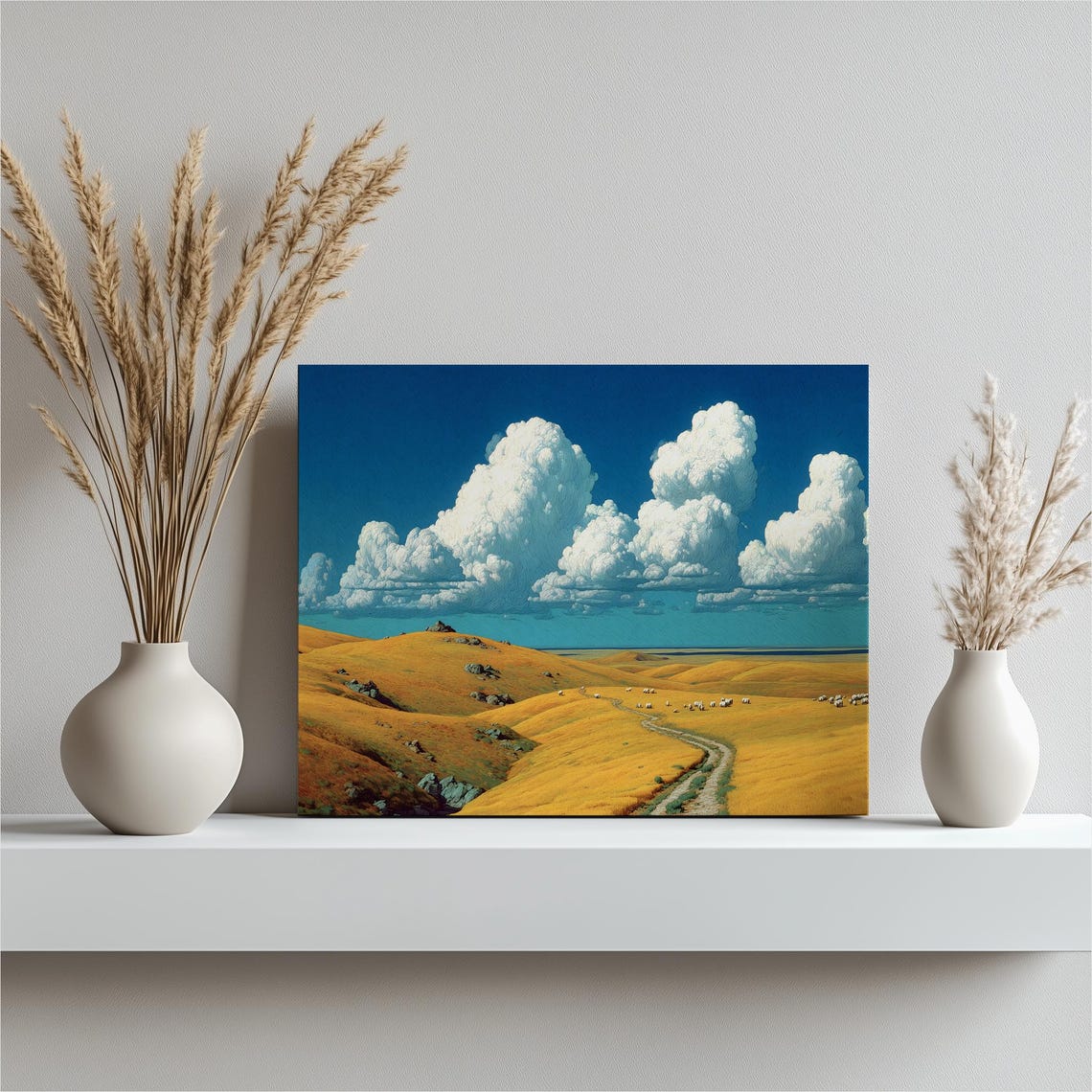 Golden Rolling Hills Cumulus Clouds Pastoral Sheep Landscape Poster