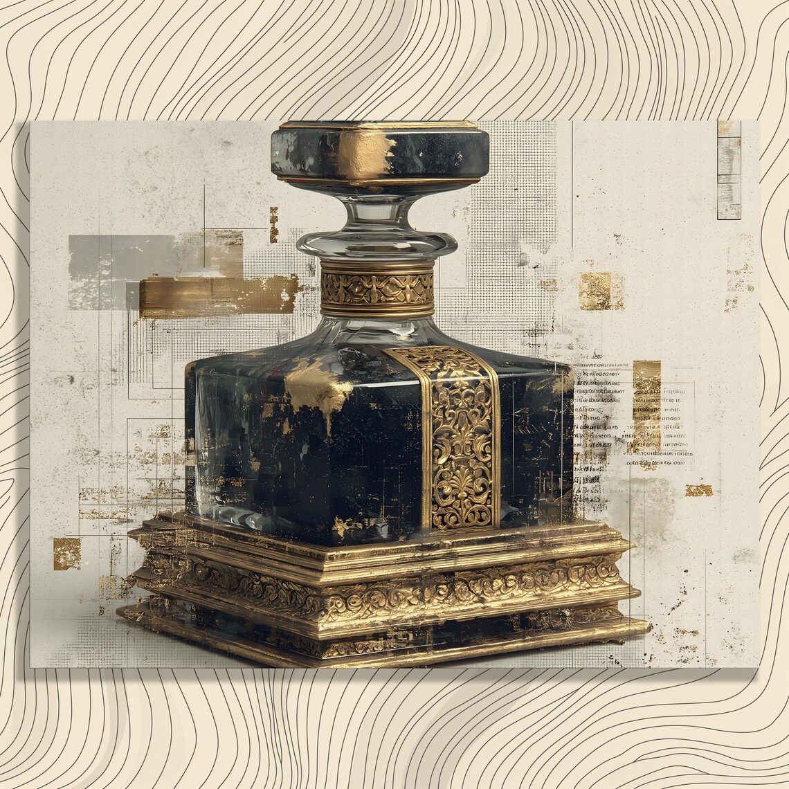 Vintage Black and Gold Decanter Still Life with Ornate Filigree Poster