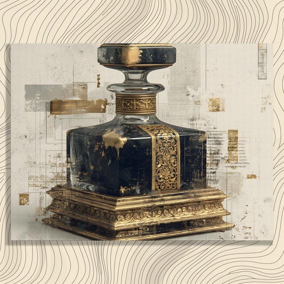 Vintage Decanter Canvas Wall Art Photorealistic Gold Filigree Glass Bottle Print Luxury Home Decor Bar Cart Crystal Style