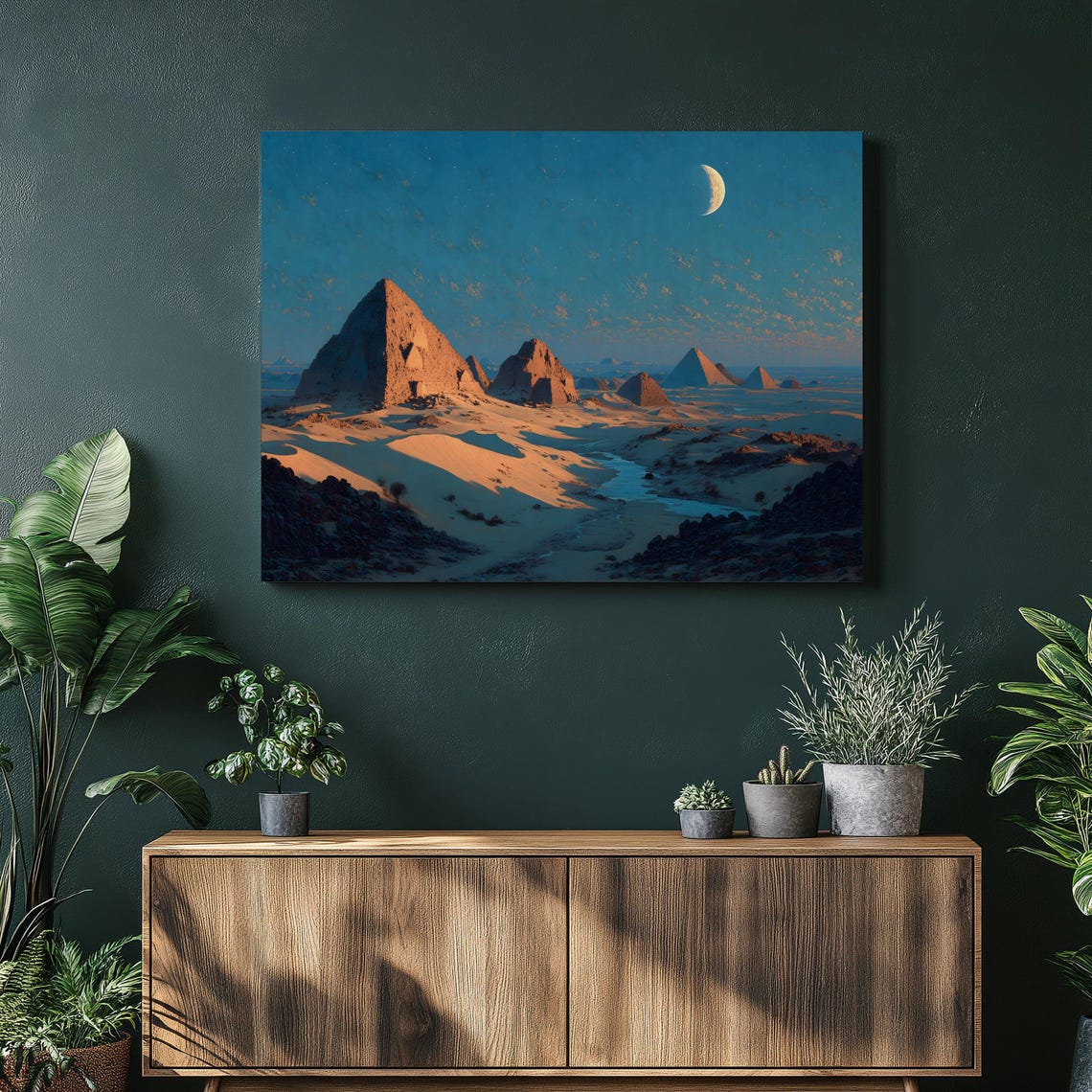 Moonlit Desert Pyramids Crescent Moon Twilight Blue Sky Canvas Poster