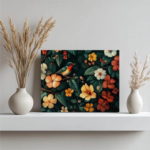Robin Flower Jungle Canvas Wall Art Bird And Floral Decor For Botanical Lovers Hanging Home Office Livingroom Entrance Or Bedroom