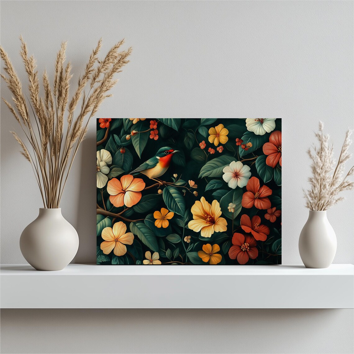 Songbird Tropical Flowers Botanical Colorful Bird Nature Poster
