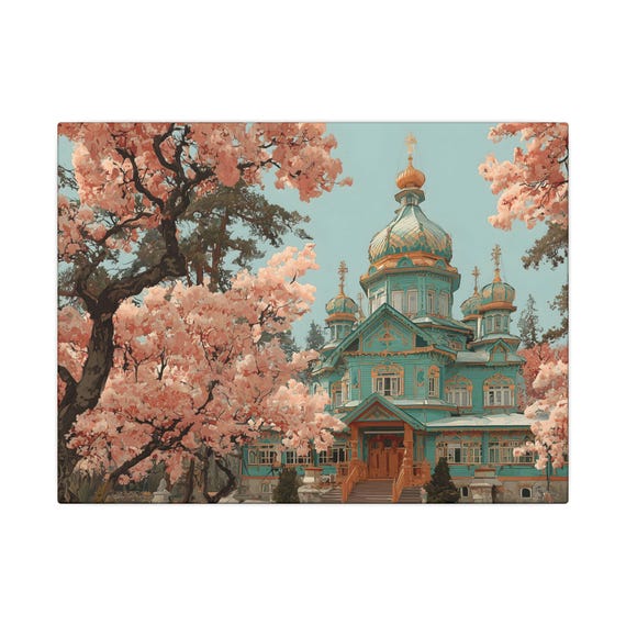 Cherry Blossom Church Canvas Wall Art Pastel Russian Architecture With Onion Domes Spring Garden Colorful Botanical Nature Travel Landmark