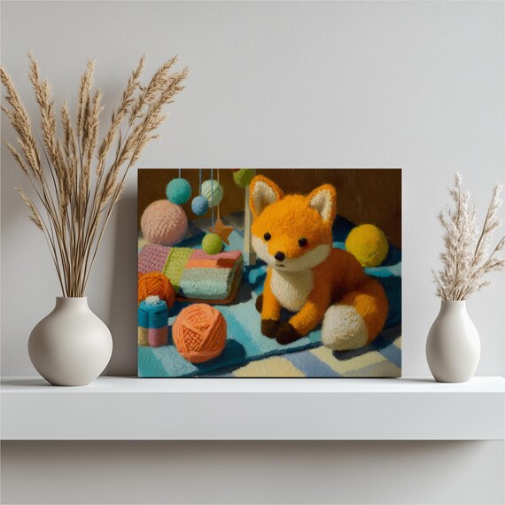 Crochet Fox Plush Canvas Wall Art Colorful Stuffed Animal Print With Yarn Balls Baby Mobile Soft Toy Scene Boho Eclectic Kids Decor Gift