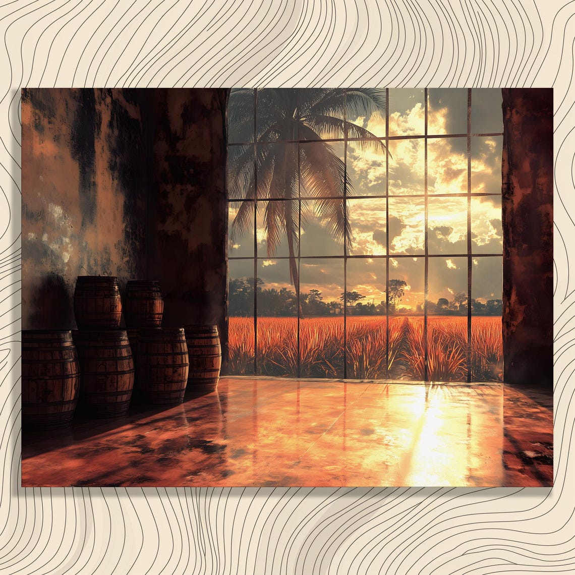 Rustic Tropical Sunset Through Tall Windows Barrels Palm Wall Art