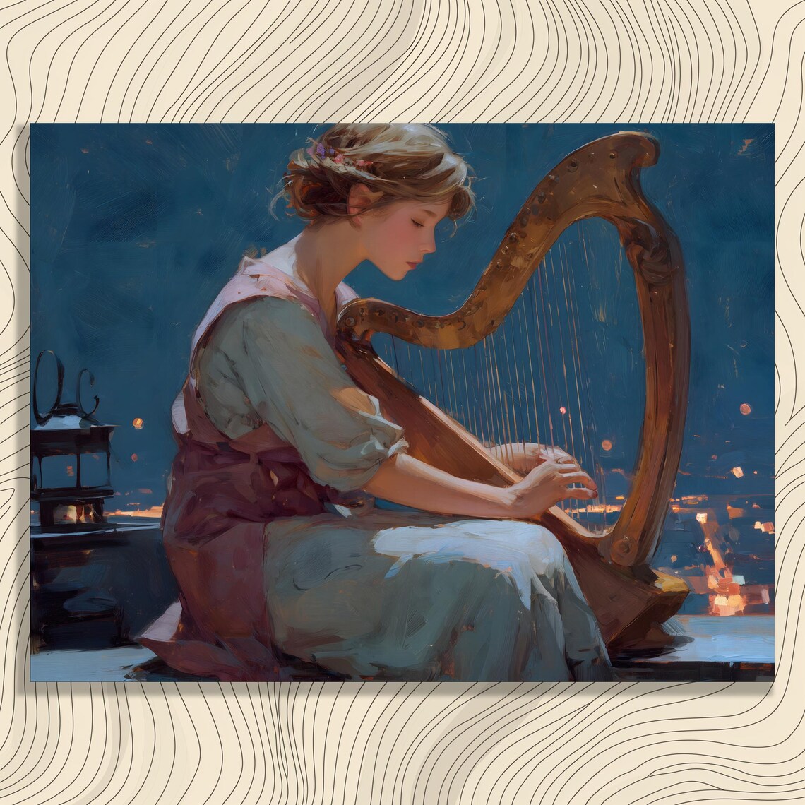 Girl Playing Harp At Night City Lights Painterly Music Poster