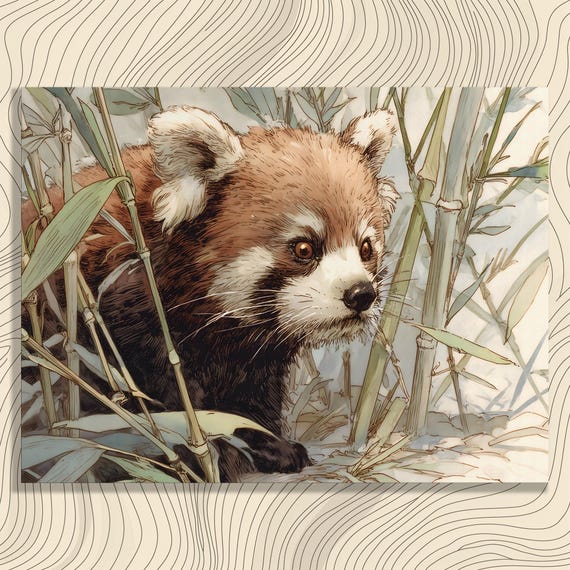 Red Panda Bamboo Canvas Wall Art Watercolor Wildlife Nature Print Forest Animal Portrait Illustration Decor