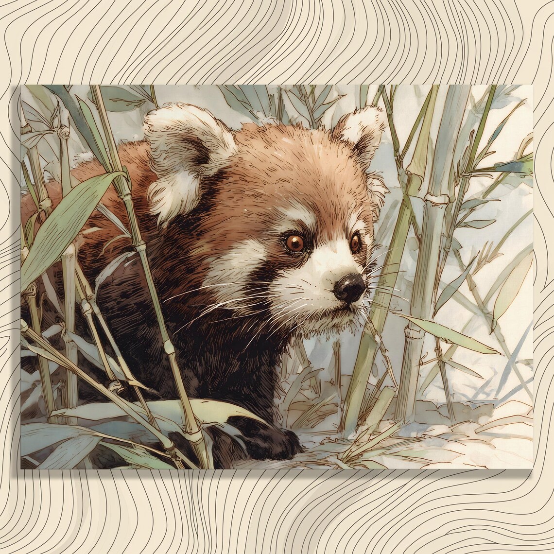 Red Panda Peeking Through Bamboo Watercolor Wildlife Art Poster