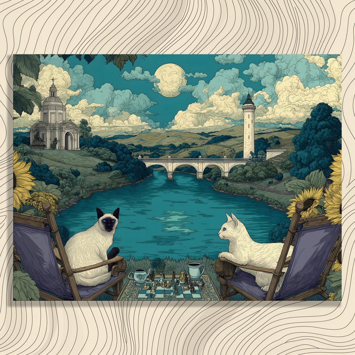Two Cats Playing Chess Under the Moon Riverside Night Scene Wall Art