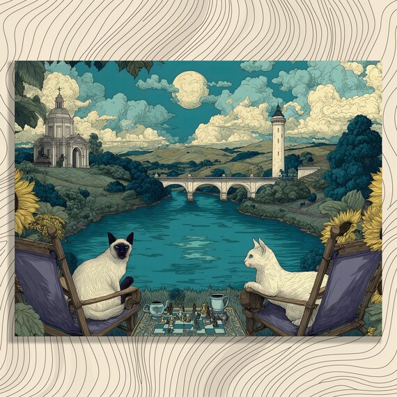 Two Cats Playing Chess Under the Moon Riverside Night Scene Wall Art
