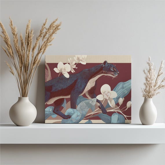 Fossa Canvas Wall Art Animal Botanical Jungle Decor Illustration Print With Orchid Leaves Modern Vintage Style Nature Gift Realistic