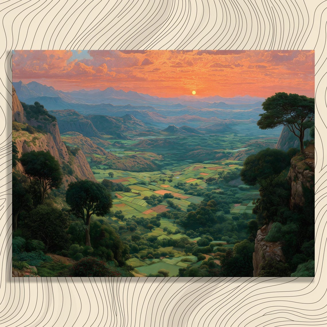 Sunset Valley Cliffs Green Fields Glowing Clouds Landscape Poster