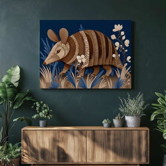 Boho Armadillo With White Flowers Modern Botanical Art Poster