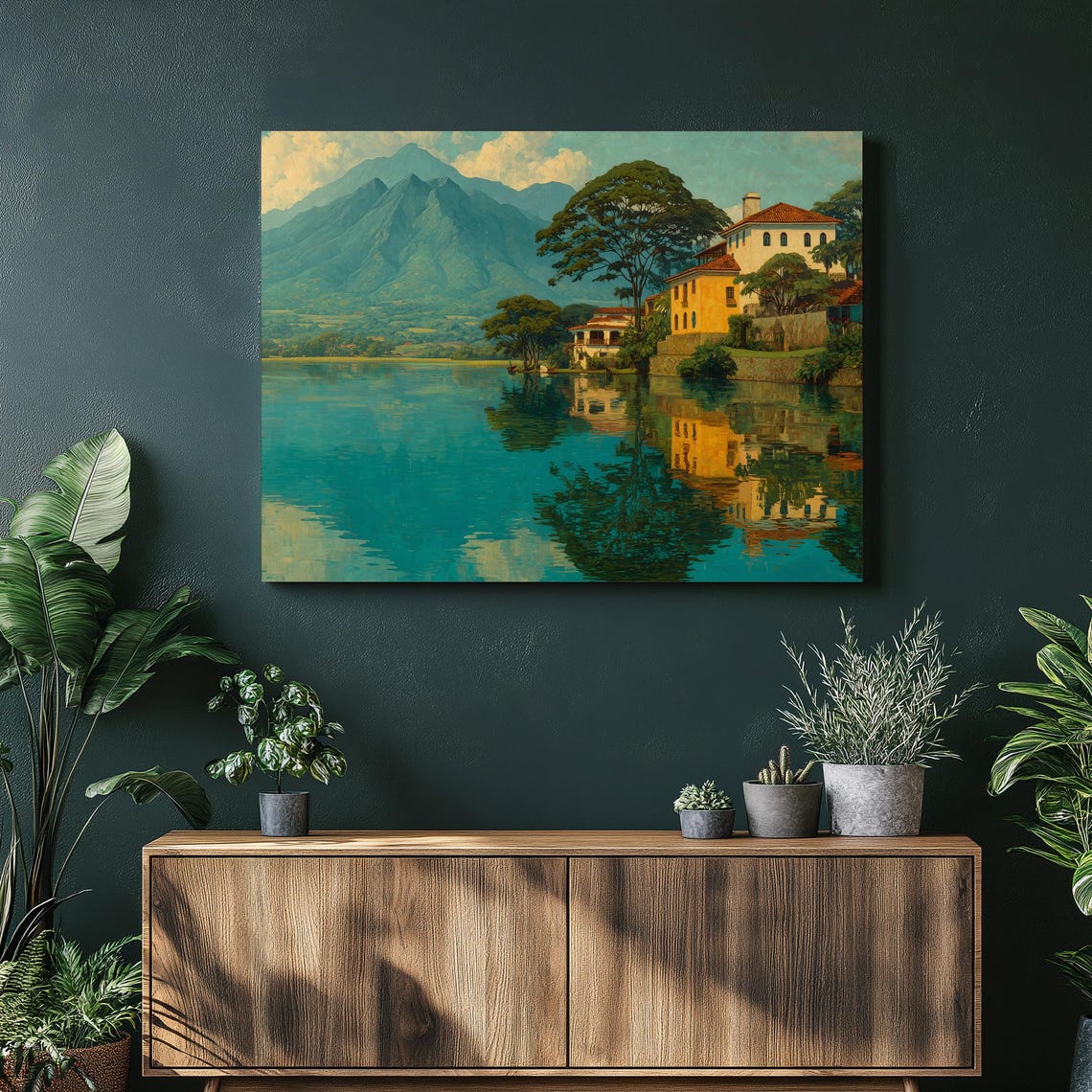 Tropical Mountain Lake Villa Reflection Serene Landscape Poster