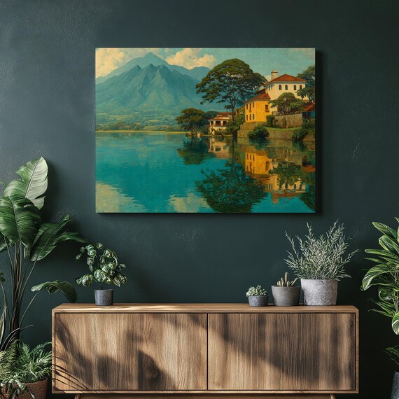 Tropical Mountain Lake Villa Reflection Serene Landscape Poster
