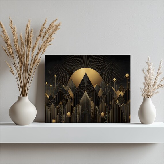 Art Deco Geometric Canvas Wall Black Gold Sunburst Mountain Skyline Abstract Landscape Print Modern Decor Tone Sun Rays Horizon