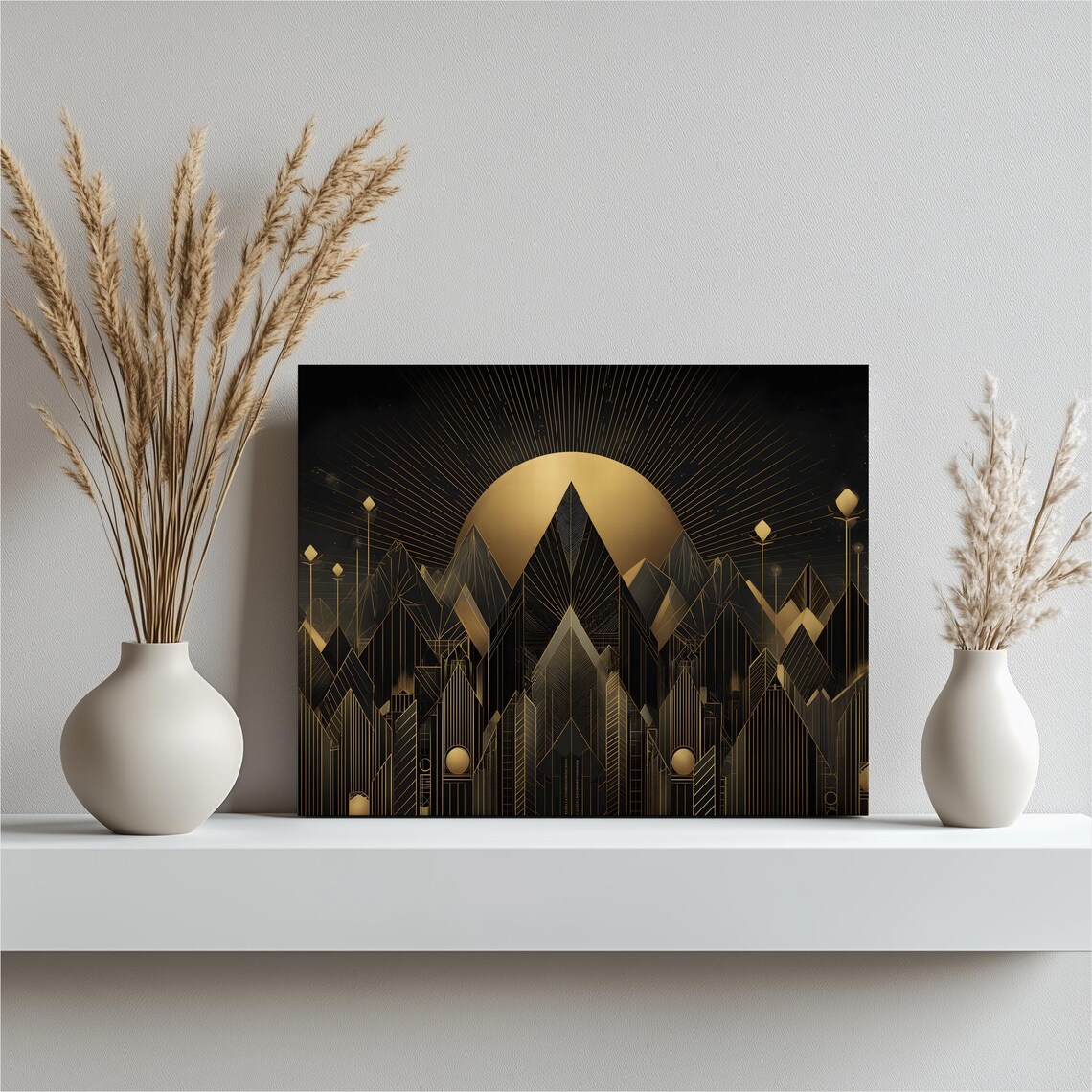 Art Deco Geometric Canvas Wall Black Gold Sunburst Mountain Skyline Abstract Landscape Print Modern Decor Tone Sun Rays Horizon