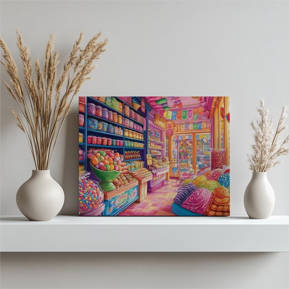 Colorful Candy Store Shelves Of Sweets Whimsical Treat Shop Poster