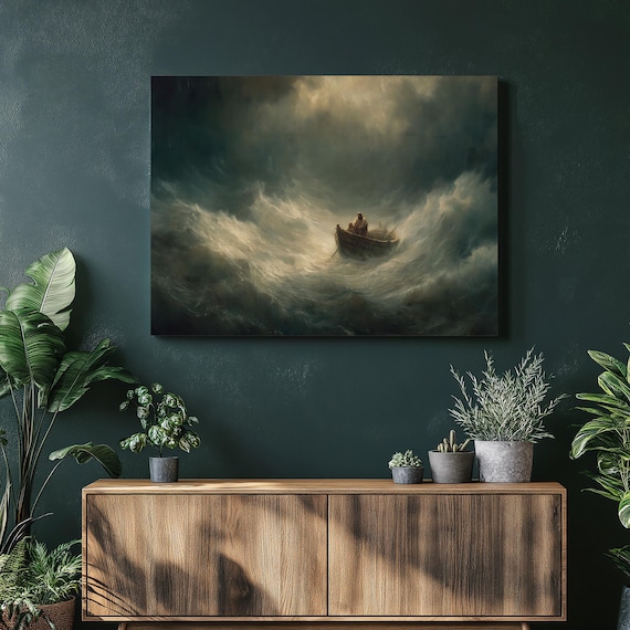Stormy Sea Boat Dark Waves Dramatic Traditional Seascape Poster