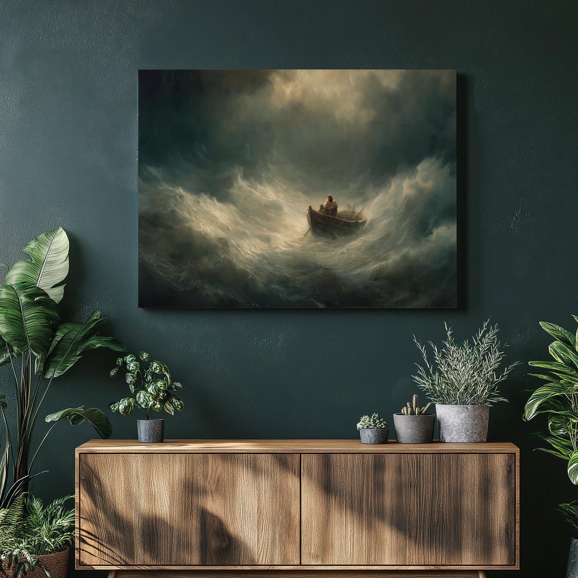 Stormy Sea Boat Dark Waves Dramatic Traditional Seascape Poster