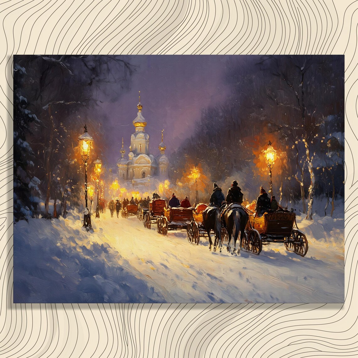 Snowy Russian Street Night Watercolor Poster with Horse Carriages