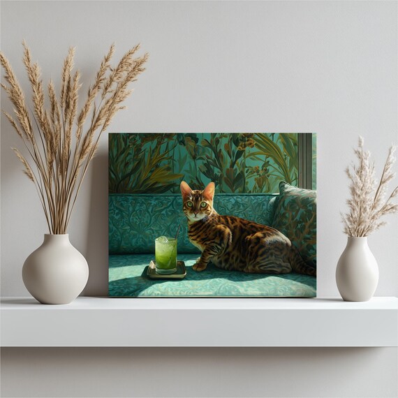 Bengal Cat With Green Drink Tropical Teal Bench Whimsical Poster