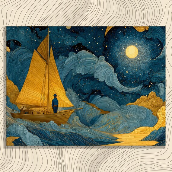 Surreal Sailboat Canvas Wall Art Ocean Painting Under Starry Night Sky With Blue Moon Waves And Moonlight Watercolor Dreamlike Mystery