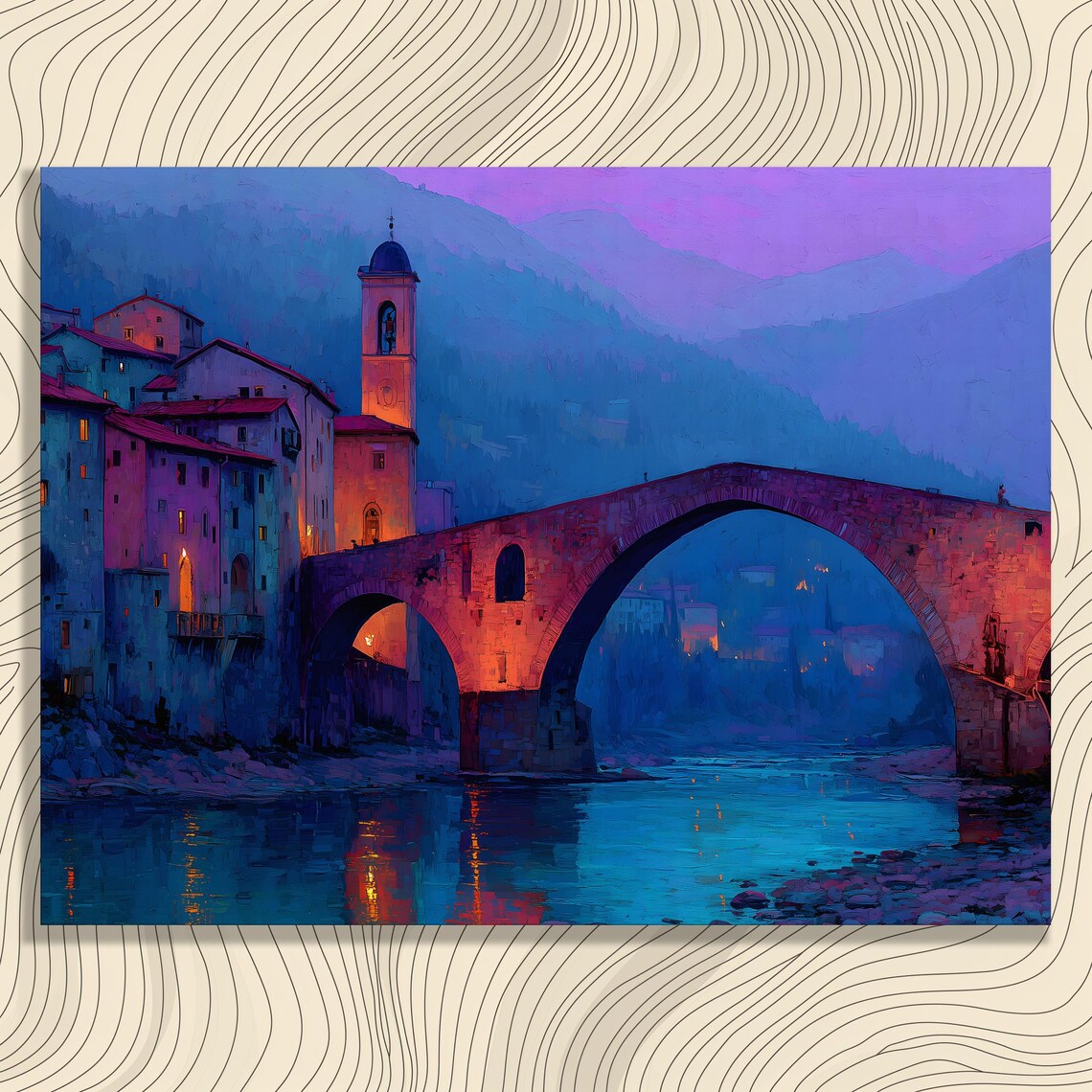 Italian Stone Bridge Dusk Lavender River Village Church Tower Poster