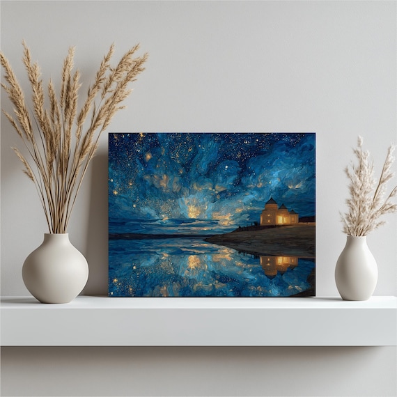 Starry Night Lake Reflection Glowing Chapel Van Gogh Style Poster