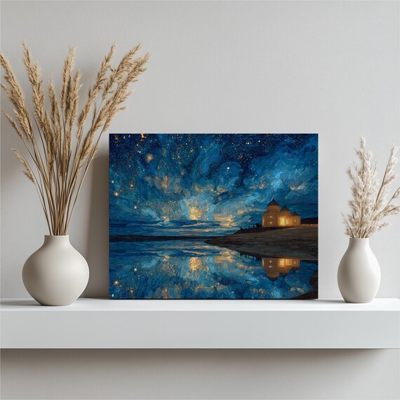 Starry Night Sky Canvas Wall Art Serene Lake Reflection With Glowing Lodge Lights Dreamy Blue Landscape Print For Home Decor