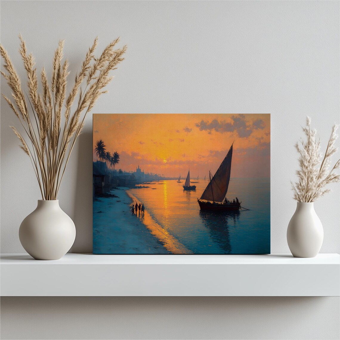 Tropical Beach Sunset Sailboats Warm Golden Hour Canvas Poster