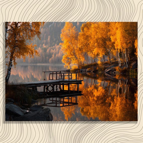 Autumn Lake Birch Canvas Wall Art Reflection Forest Rustic Wooden Dock Golden Foliage Nature Decor Traditional Landscape Print