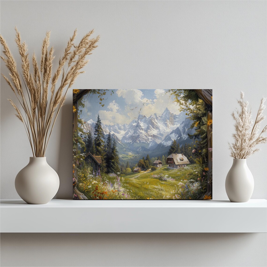 Swiss Alps Travel Poster, Snow Peaks and Meadows