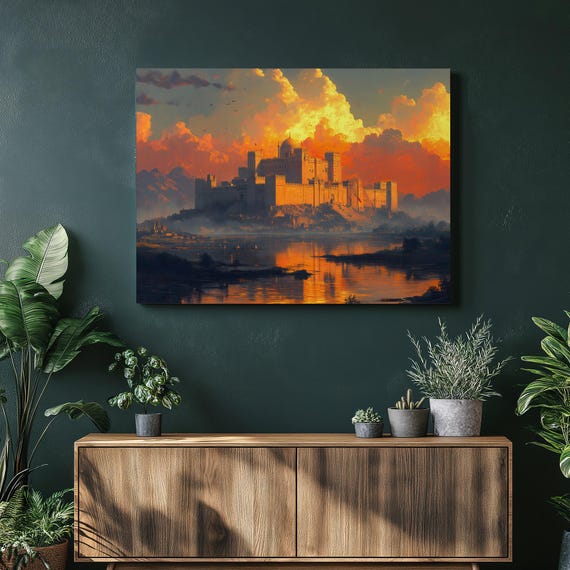 Sunset Castle Landscape Canvas Wall Art Golden Desert Fortress Reflection