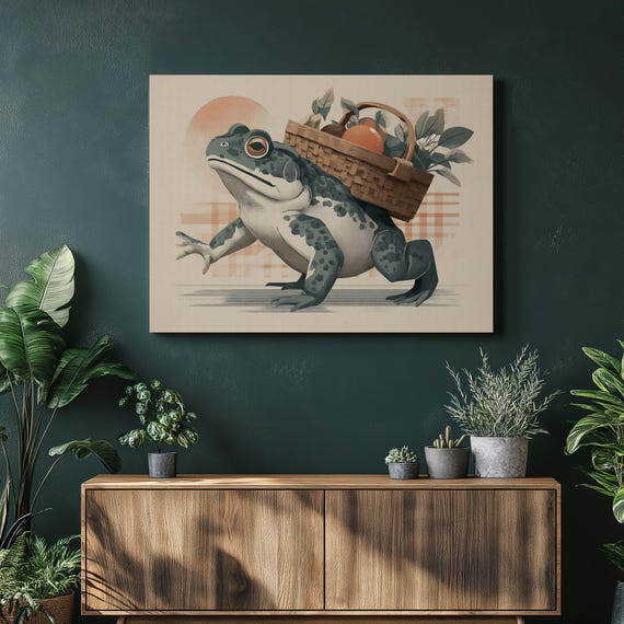 Whimsical Frog Canvas Wall Art Retro Botanical Toad Illustration Woven Basket Fruit Foliage Mid Century Wildlife Painting Print Gift