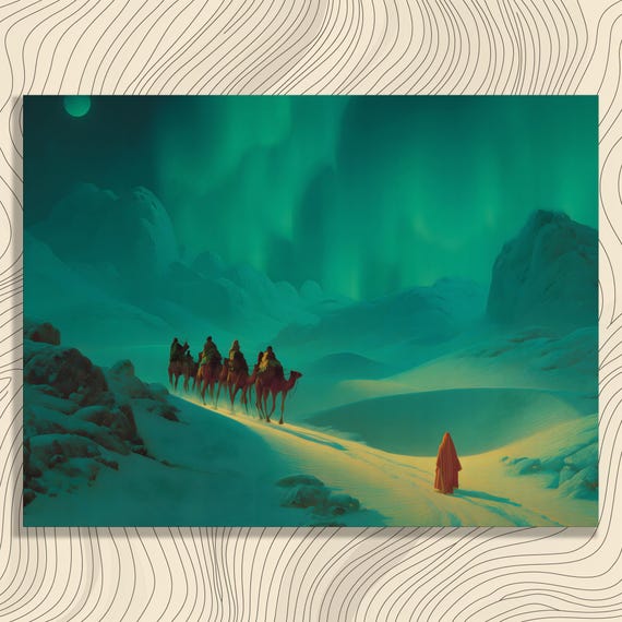Aurora Borealis Canvas Wall Art Mystical Camel Caravan Under Moonlit Sand Dunes With Green Night Sky Glow Surreal Landscape Print