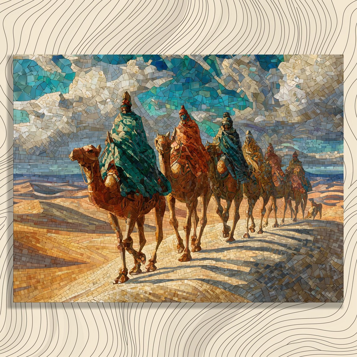 Camel Caravan Golden Mosaic Art Sunlit Desert Nomad Travel Poster