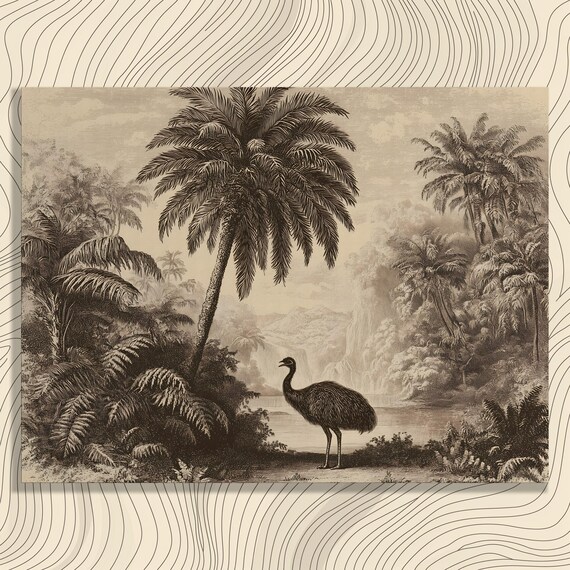 Vintage Emu Palm Tree Engraving Tropical Sepia Botanical Wall Art