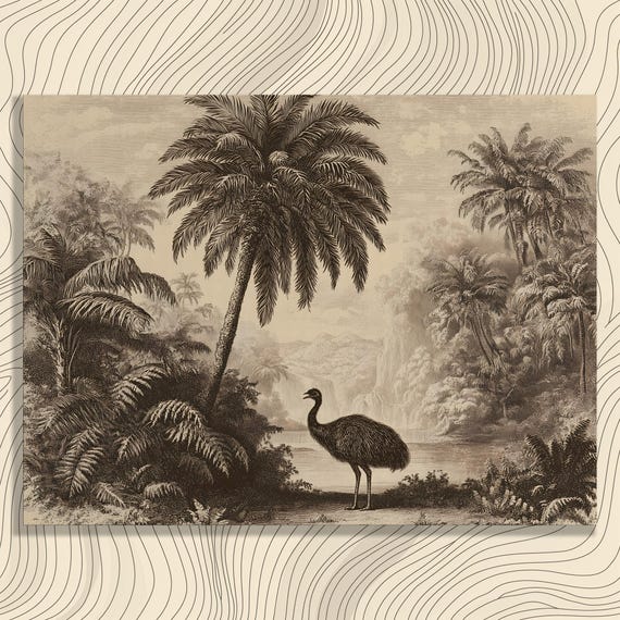 Vintage Tropical Emu Canvas Wall Art Palm Tree Rainforest Waterfall Botanical Fern Sepia Wildlife Jungle Nature Print