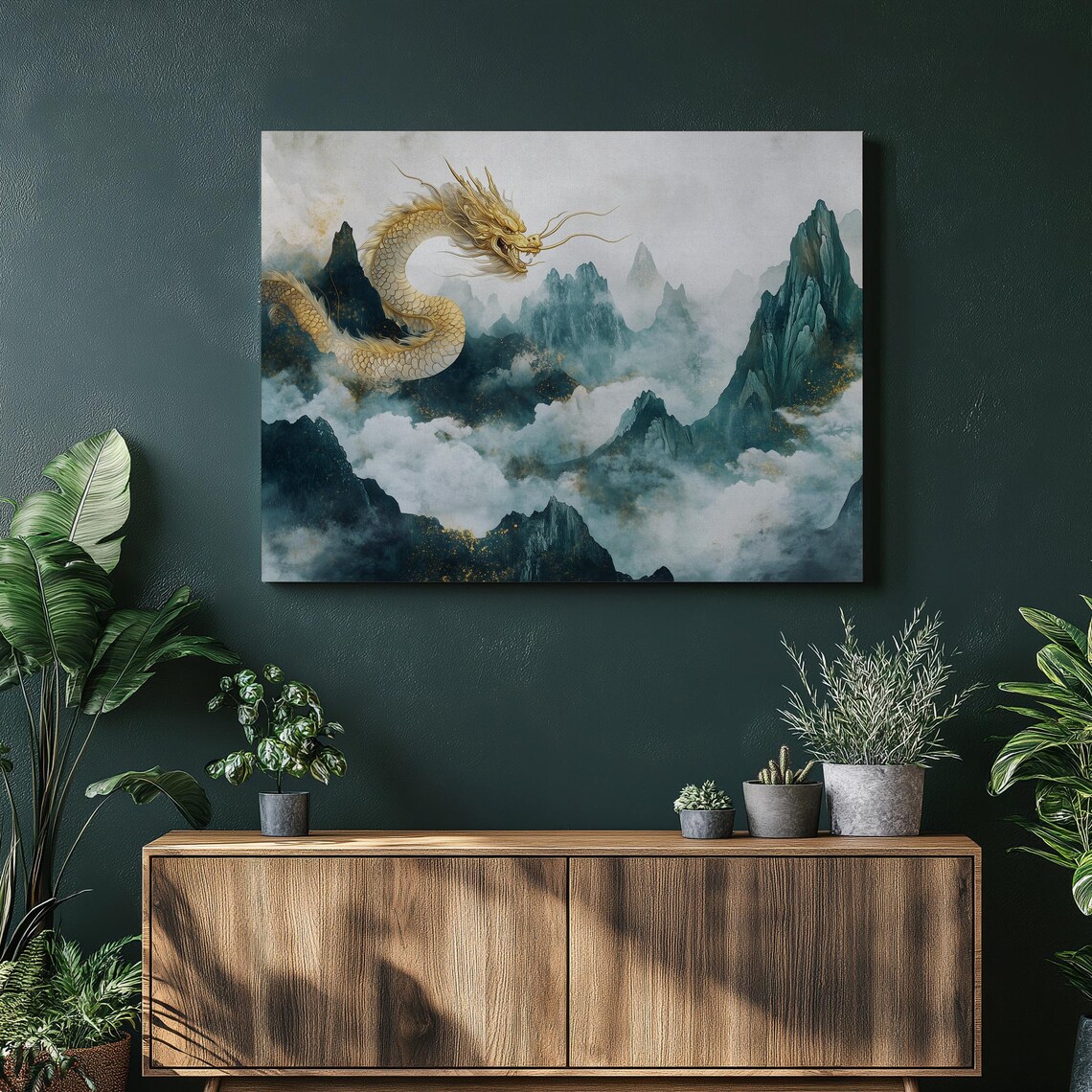 Golden Dragon Misty Mountain Peaks Asian Watercolor Art Poster